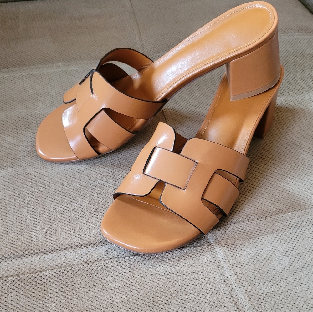 MOTF Tan Cutout Slide Block Heel Mules